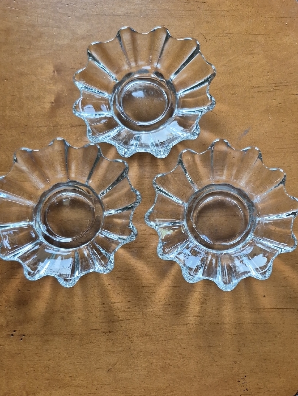 Vintage Federal Clear Glass Flower Trinket Dish - Set of 3. Stamped Made In USA